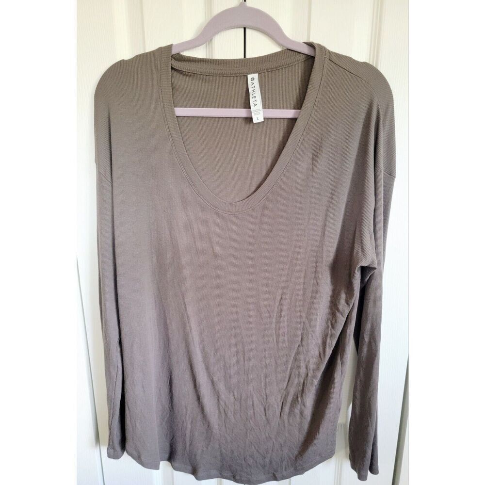 Athleta L Top Women's Brown Long Sleeve Scoop Neck Workout Shirt Ribbed‎ Stretch